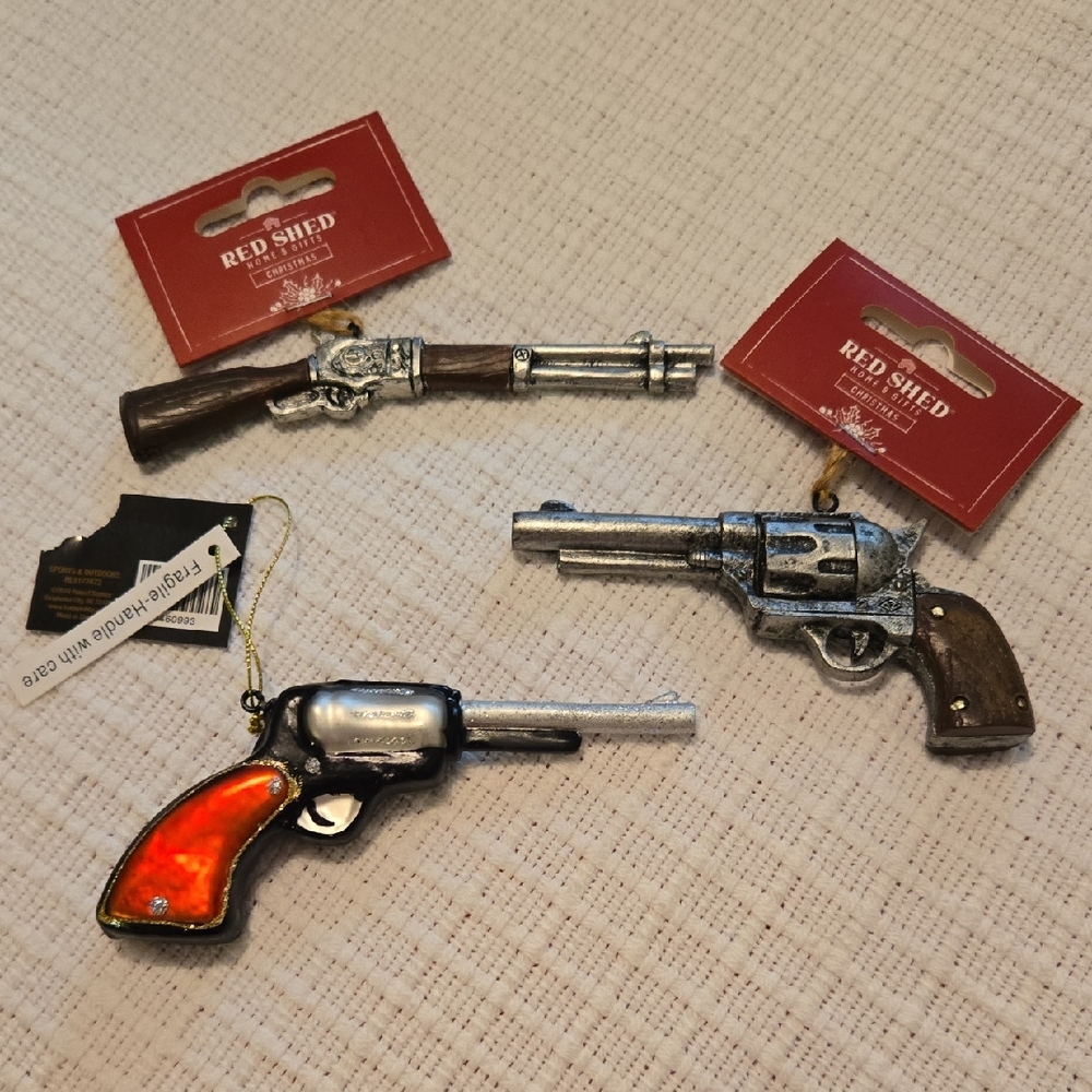 Vintage Style Gun Christmas Tree Ornaments. Set contains all 3.